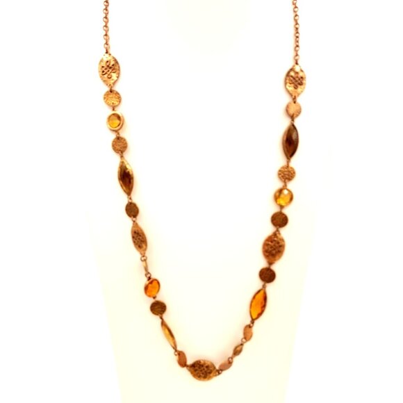 Long 70s Style Hammered Gold Tone Necklace With Amber-Colored Stones Fall Boho - Picture 1 of 8